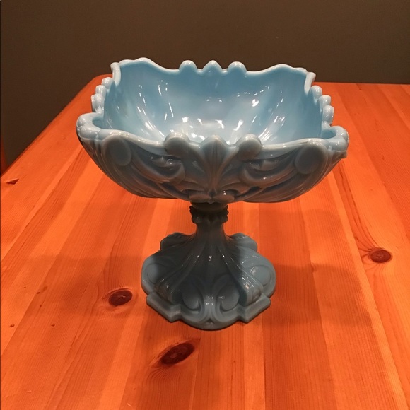ANTIQUE FRENCH PORTIEUX VALLERYSTHAL BLUE OPALINE GLASS FOOTED COMPOTE GLOWY! - Picture 3 of 16